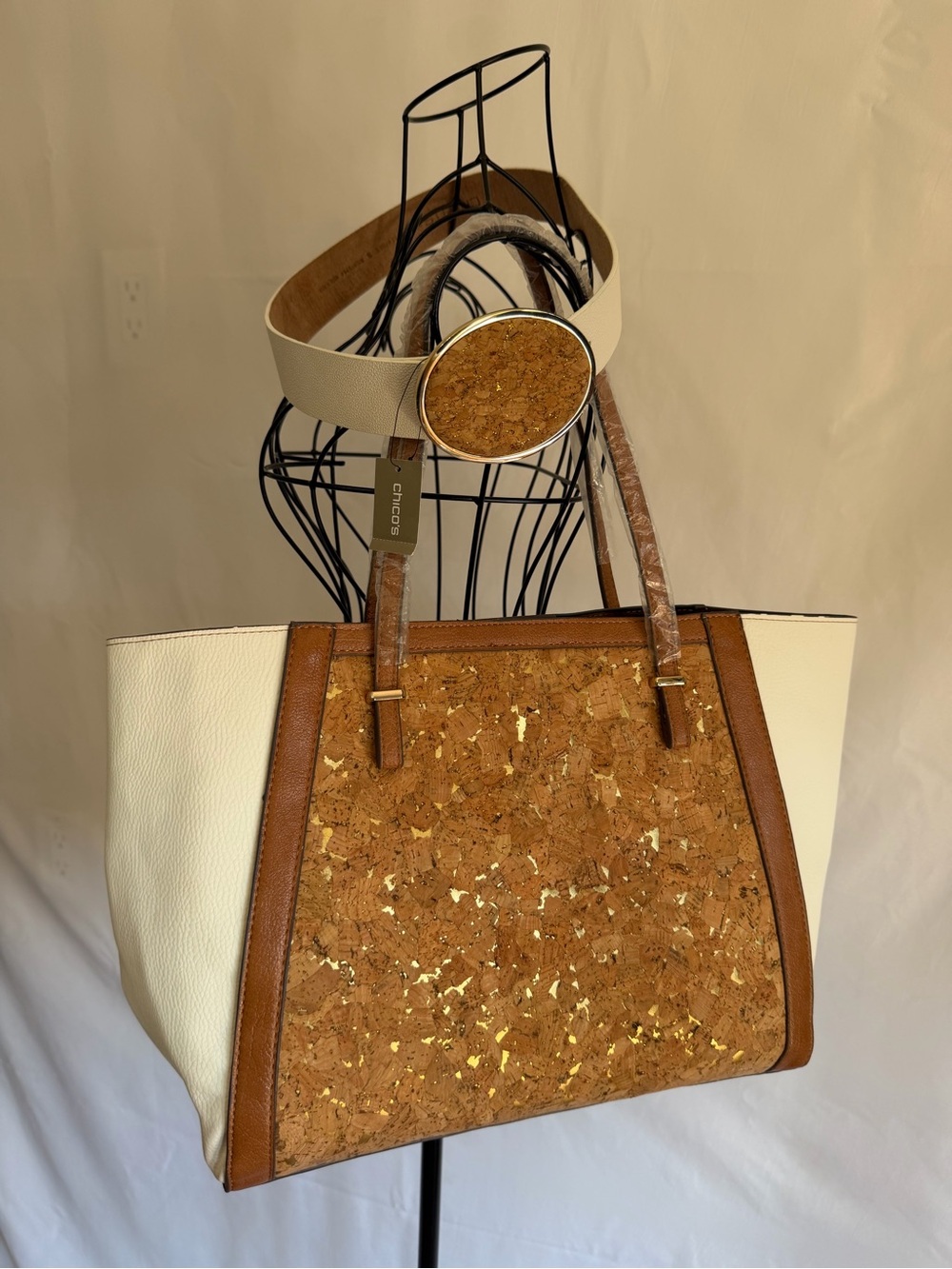 Bundle: Chico's Cork Tote with Gold Fleck Accents & Matching Belt.